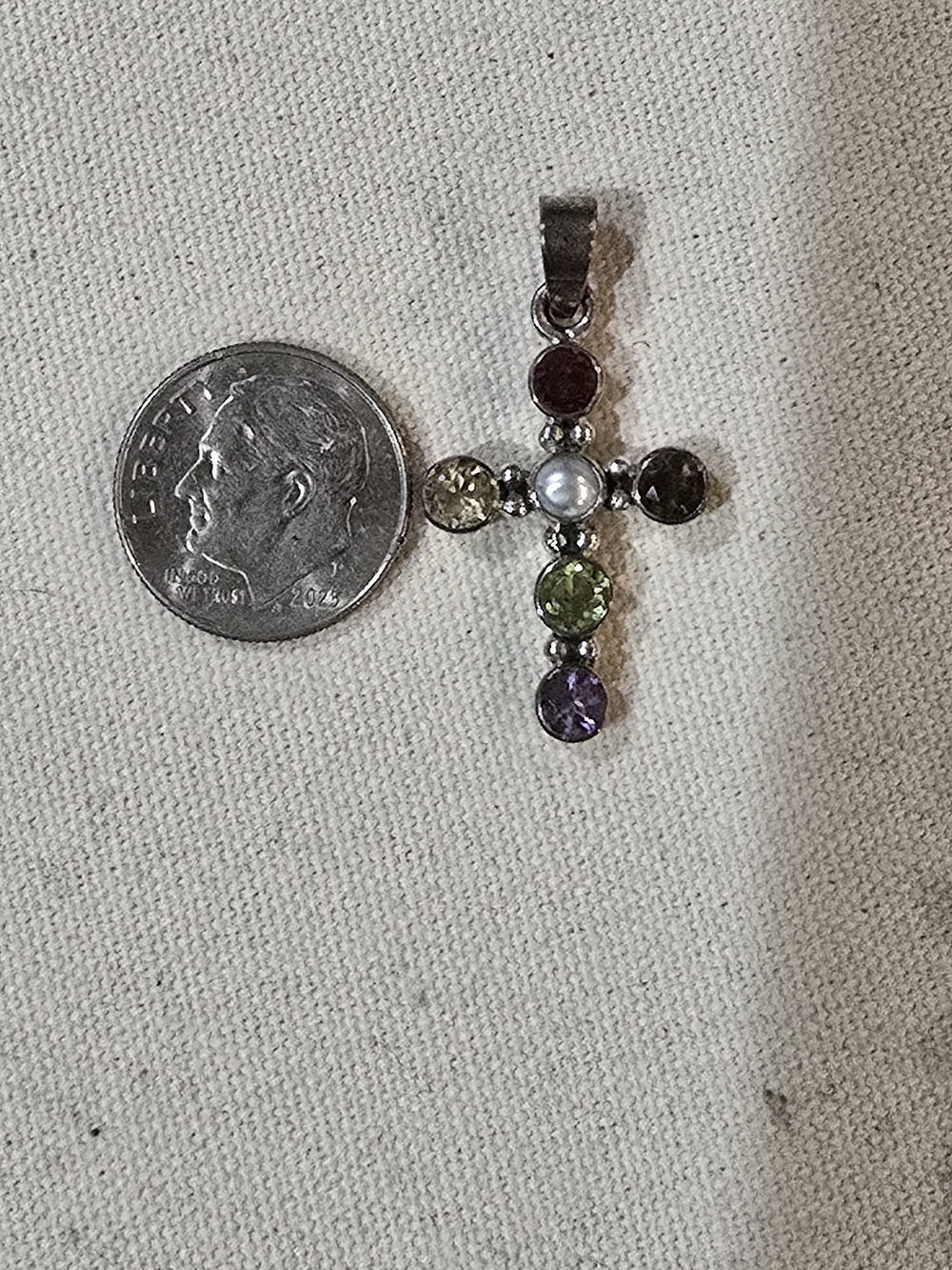 Sterling Silver Multi-Gem Cross with Pearl Accent